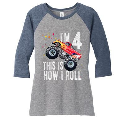 4 Year Old 4th Birthday Boy Monster Truck Car Women's Tri-Blend 3/4-Sleeve Raglan Shirt