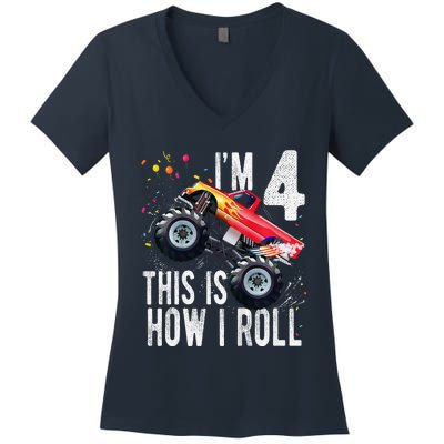 4 Year Old 4th Birthday Boy Monster Truck Car Women's V-Neck T-Shirt