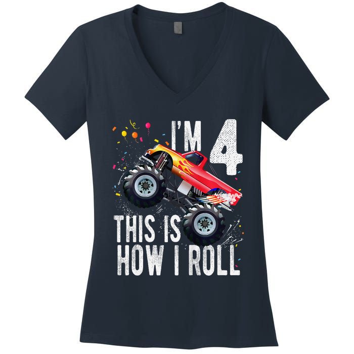 4 Year Old 4th Birthday Boy Monster Truck Car Women's V-Neck T-Shirt