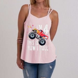 4 Year Old 4th Birthday Boy Monster Truck Car Women's Strappy Tank