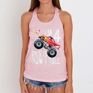 4 Year Old 4th Birthday Boy Monster Truck Car Women's Knotted Racerback Tank