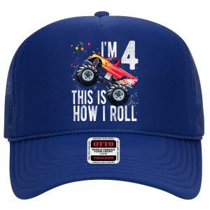 4 Year Old 4th Birthday Boy Monster Truck Car High Crown Mesh Back Trucker Hat