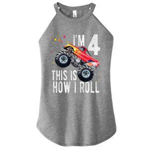 4 Year Old 4th Birthday Boy Monster Truck Car Women's Perfect Tri Rocker Tank