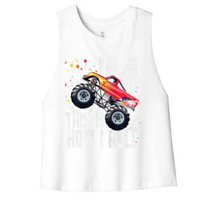 4 Year Old 4th Birthday Boy Monster Truck Car Women's Racerback Cropped Tank