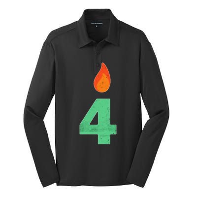 4 Years Old Bday Candle Number 4th Birthday Party Silk Touch Performance Long Sleeve Polo