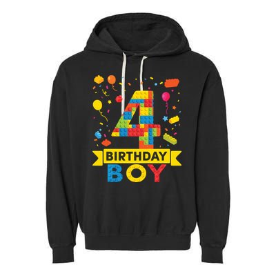 4 Year Old Building Blocks 4th Birthday Boy Garment-Dyed Fleece Hoodie