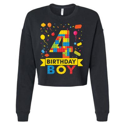 4 Year Old Building Blocks 4th Birthday Boy Cropped Pullover Crew