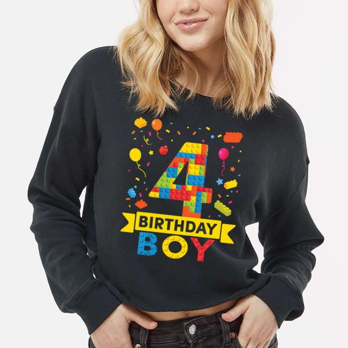 4 Year Old Building Blocks 4th Birthday Boy Cropped Pullover Crew