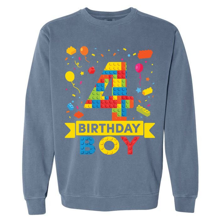 4 Year Old Building Blocks 4th Birthday Boy Garment-Dyed Sweatshirt
