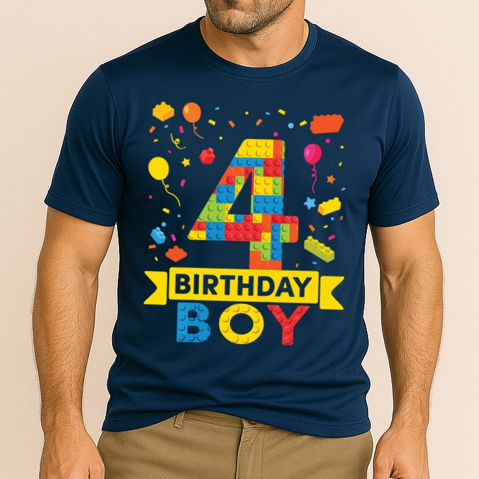 4 Year Old Building Blocks 4th Birthday Boy Performance Shirt