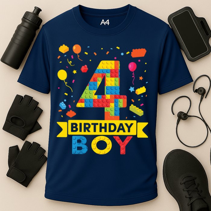 4 Year Old Building Blocks 4th Birthday Boy Performance Shirt