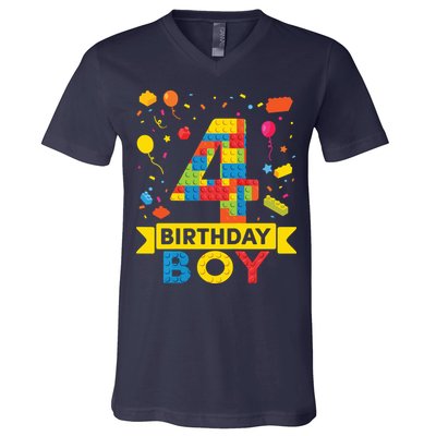 4 Year Old Building Blocks 4th Birthday Boy V-Neck T-Shirt
