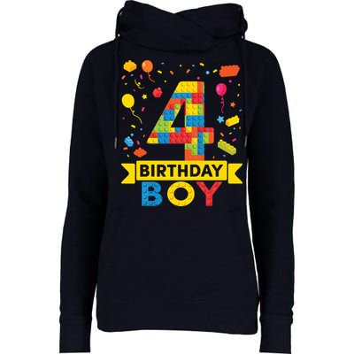 4 Year Old Building Blocks 4th Birthday Boy Womens Funnel Neck Pullover Hood