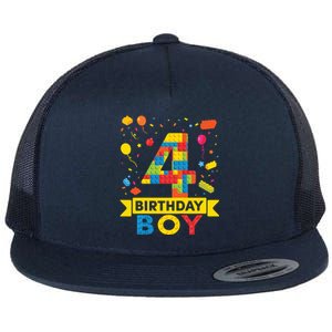 4 Year Old Building Blocks 4th Birthday Boy Flat Bill Trucker Hat