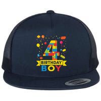 4 Year Old Building Blocks 4th Birthday Boy Flat Bill Trucker Hat