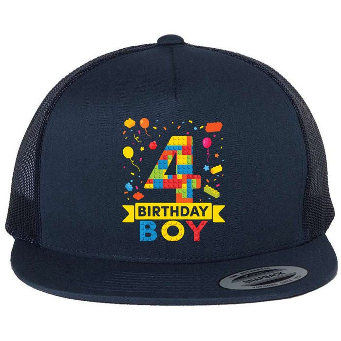 4 Year Old Building Blocks 4th Birthday Boy Flat Bill Trucker Hat