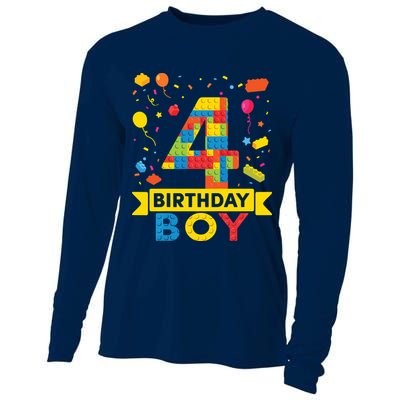 4 Year Old Building Blocks 4th Birthday Boy Cooling Performance Long Sleeve Crew