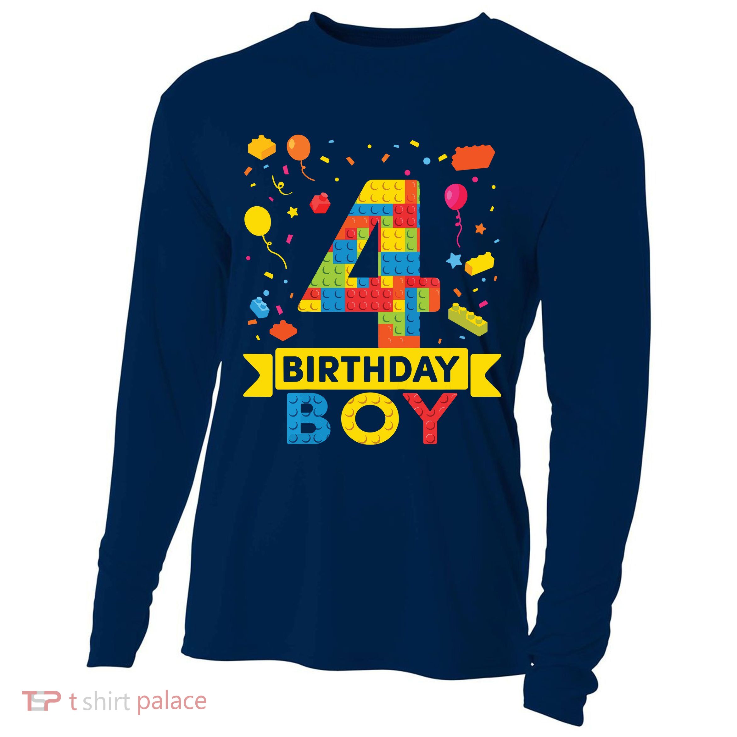 4 Year Old Building Blocks 4th Birthday Boy Cooling Performance Long Sleeve Crew