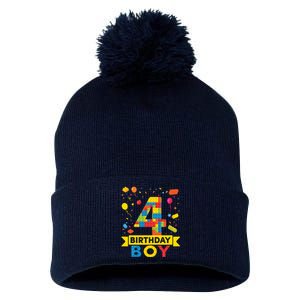 4 Year Old Building Blocks 4th Birthday Boy Pom Pom 12in Knit Beanie