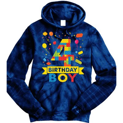 4 Year Old Building Blocks 4th Birthday Boy Tie Dye Hoodie