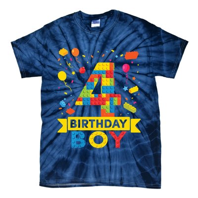 4 Year Old Building Blocks 4th Birthday Boy Tie-Dye T-Shirt