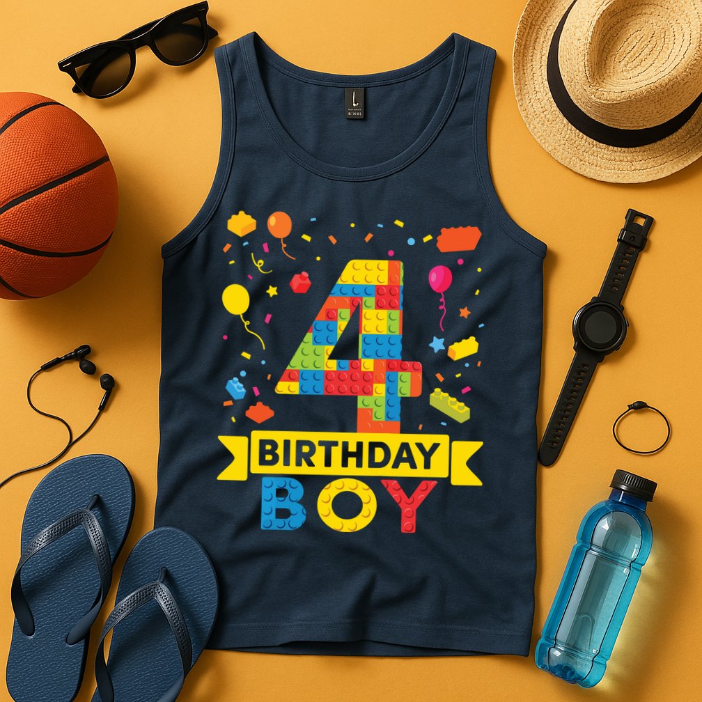 4 Year Old Building Blocks 4th Birthday Boy Tank Top