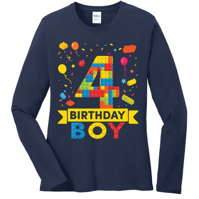 4 Year Old Building Blocks 4th Birthday Boy Ladies Long Sleeve Shirt