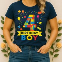 4 Year Old Building Blocks 4th Birthday Boy Womens T-Shirt