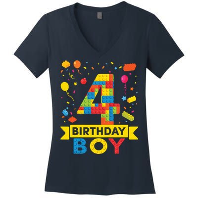 4 Year Old Building Blocks 4th Birthday Boy Women's V-Neck T-Shirt