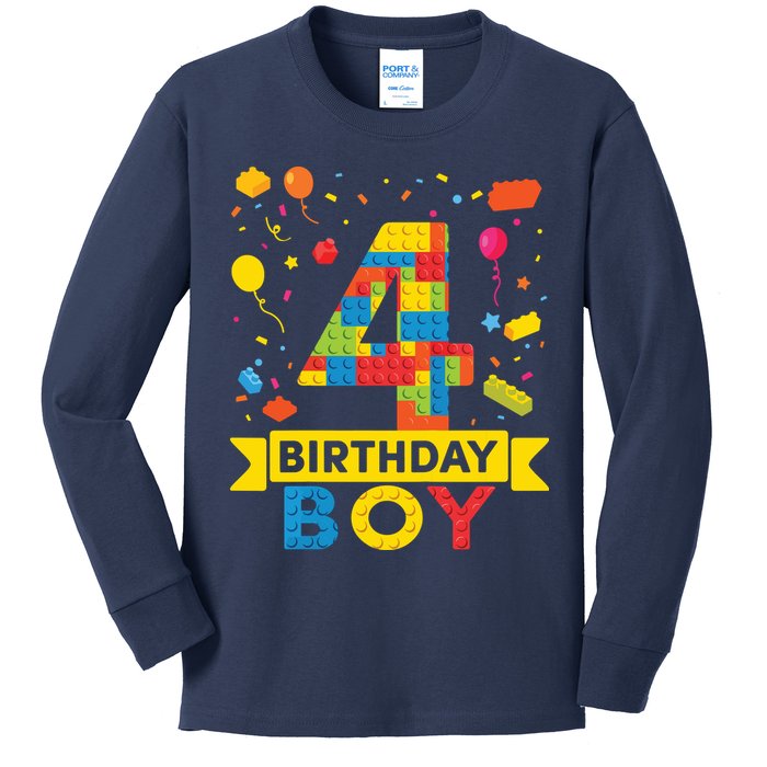 4 Year Old Building Blocks 4th Birthday Boy Kids Long Sleeve Shirt