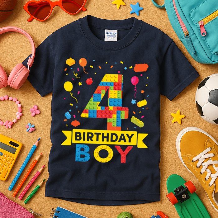 4 Year Old Building Blocks 4th Birthday Boy Kids T-Shirt