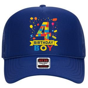 4 Year Old Building Blocks 4th Birthday Boy High Crown Mesh Back Trucker Hat