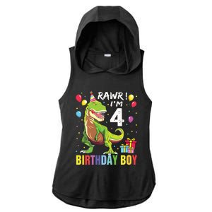 4 Year Old 4th Birthday Rex Dinosaur Ladies PosiCharge Tri-Blend Wicking Draft Hoodie Tank