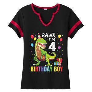 4 Year Old 4th Birthday Rex Dinosaur Ladies Halftime Notch Neck Tee