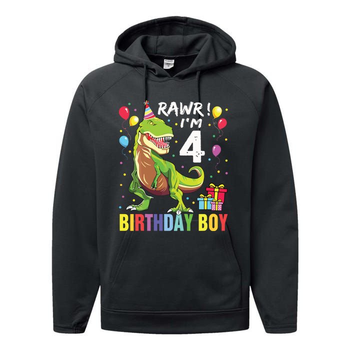 4 Year Old 4th Birthday Rex Dinosaur Performance Fleece Hoodie