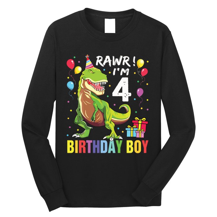 4 Year Old 4th Birthday Rex Dinosaur Long Sleeve Shirt