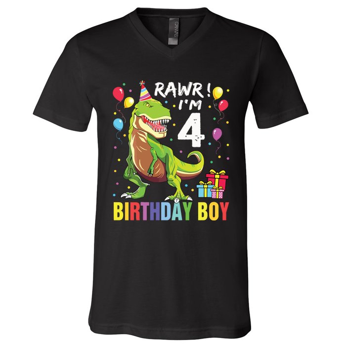 4 Year Old 4th Birthday Rex Dinosaur V-Neck T-Shirt