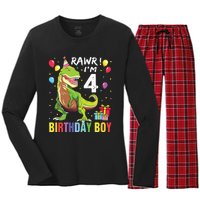 4 Year Old 4th Birthday Rex Dinosaur Women's Long Sleeve Flannel Pajama Set 