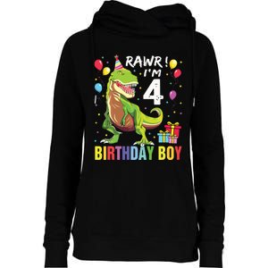 4 Year Old 4th Birthday Rex Dinosaur Womens Funnel Neck Pullover Hood