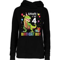 4 Year Old 4th Birthday Rex Dinosaur Womens Funnel Neck Pullover Hood