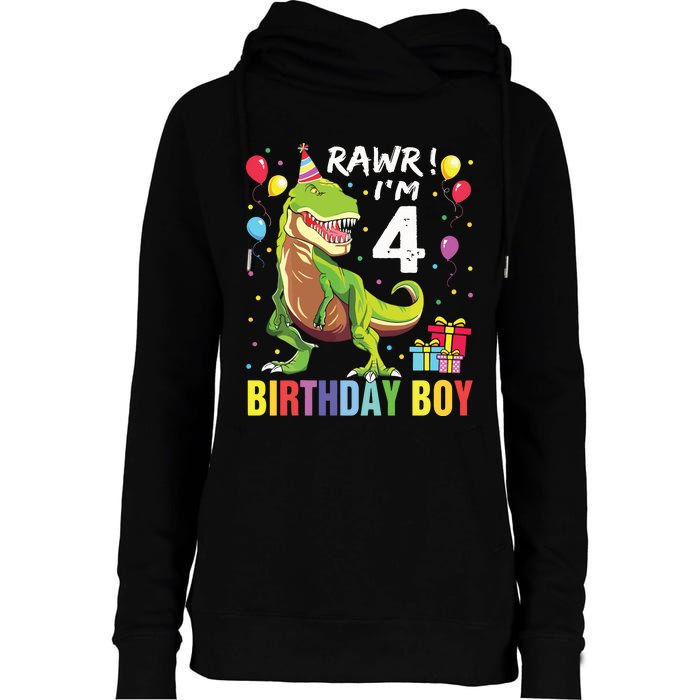 4 Year Old 4th Birthday Rex Dinosaur Womens Funnel Neck Pullover Hood