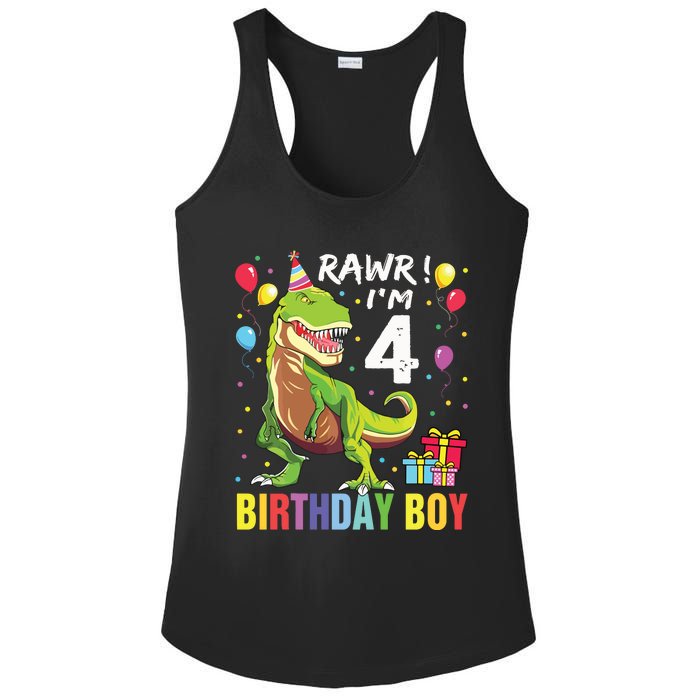 4 Year Old 4th Birthday Rex Dinosaur Ladies PosiCharge Competitor Racerback Tank