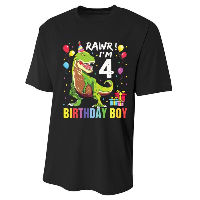 4 Year Old 4th Birthday Rex Dinosaur Performance Sprint T-Shirt