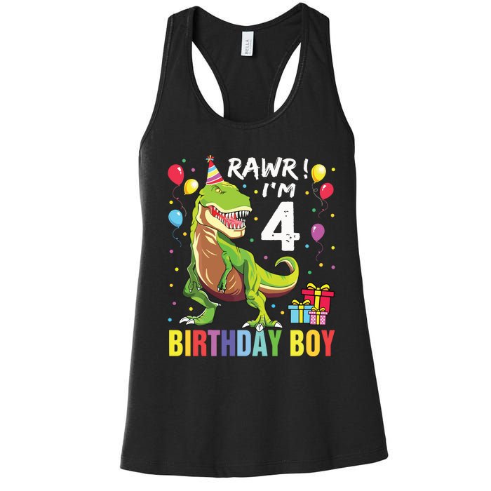 4 Year Old 4th Birthday Rex Dinosaur Women's Racerback Tank