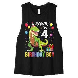 4 Year Old 4th Birthday Rex Dinosaur Women's Racerback Cropped Tank