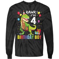 4 Year Old 4th Birthday Rex Dinosaur Tie-Dye Long Sleeve Shirt