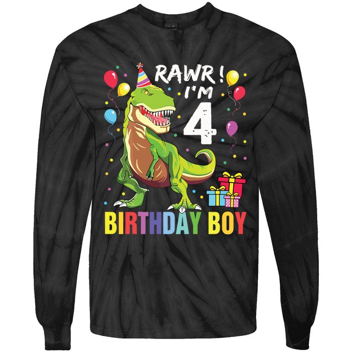 4 Year Old 4th Birthday Rex Dinosaur Tie-Dye Long Sleeve Shirt