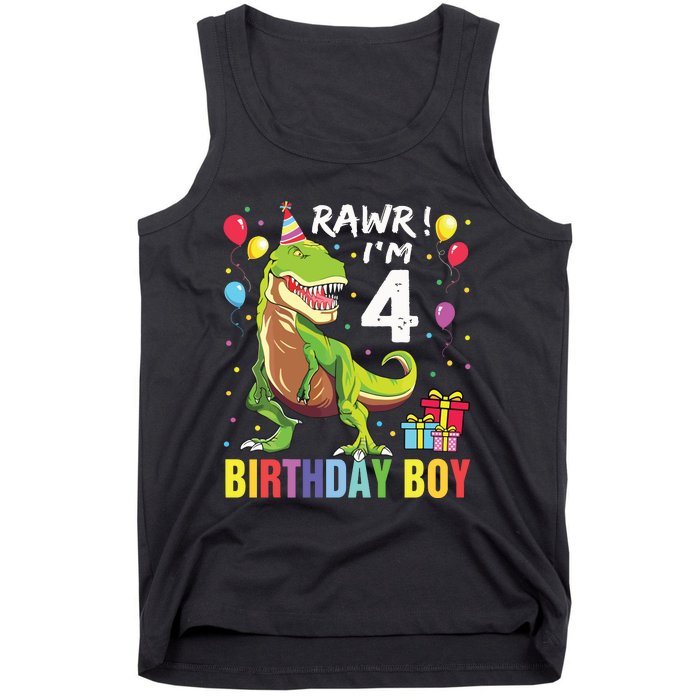 4 Year Old 4th Birthday Rex Dinosaur Tank Top