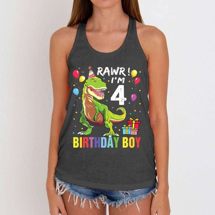 4 Year Old 4th Birthday Rex Dinosaur Women's Knotted Racerback Tank