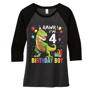 4 Year Old 4th Birthday Rex Dinosaur Women's Tri-Blend 3/4-Sleeve Raglan Shirt